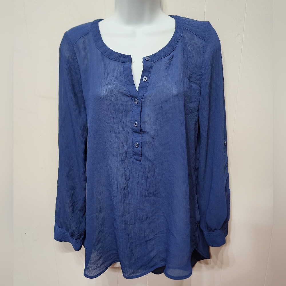 Candie's Blouse Large Blue Sheer Button Front Roll Tab Sleeves Casual C131 Z